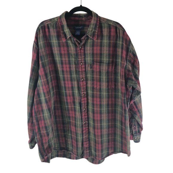 Izod Mens Flannel Shirt Button Down Chest Pocket Cotton Plaid Red Beige XL - Picture 1 of 3